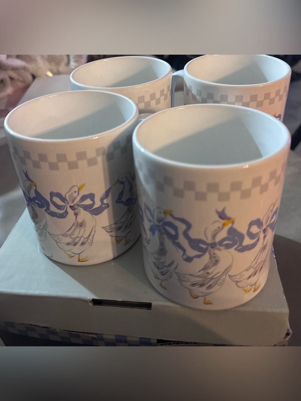 Vintage Goose Geese Stoneware Coffee Mugs Set of 4 Blue Bows Original Box
